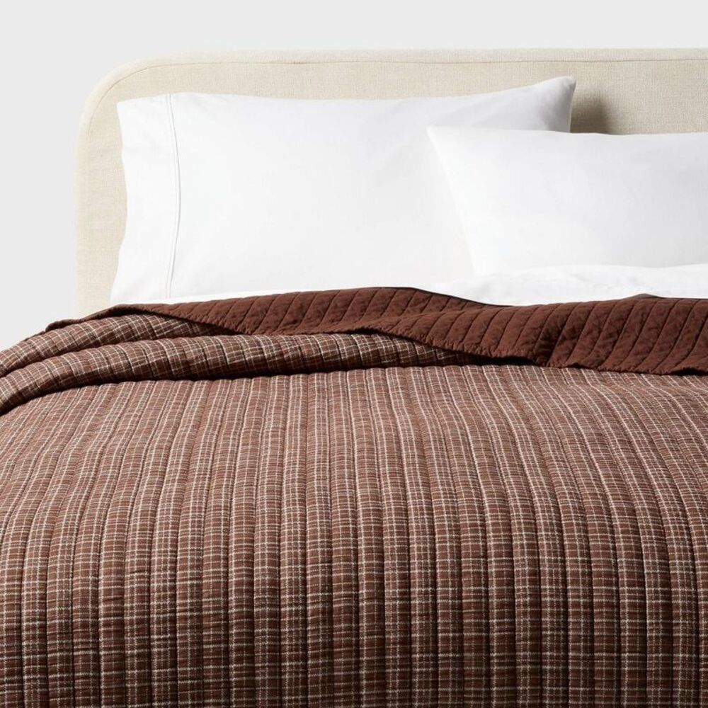 King Plaid Printed Cotton Gauze Reversible Quilt Brown - Threshold